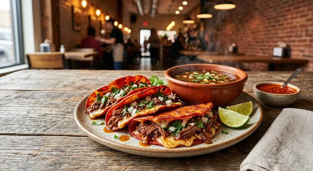 Authentic birria tacos in Galt CA served with rich consommé at Taqueria La Korita