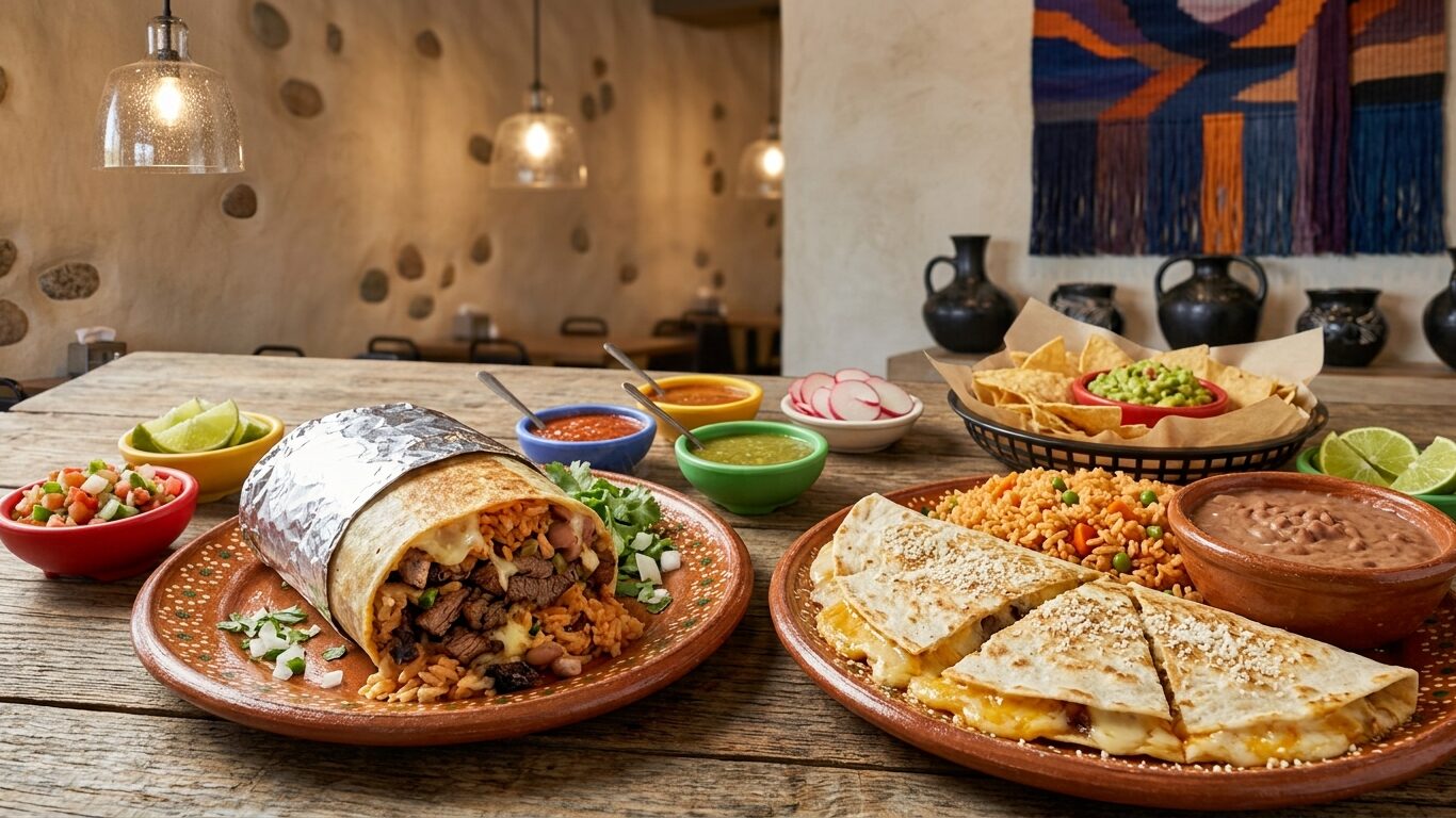 Taqueria La Korita burrito and quesadilla Mexican food spread