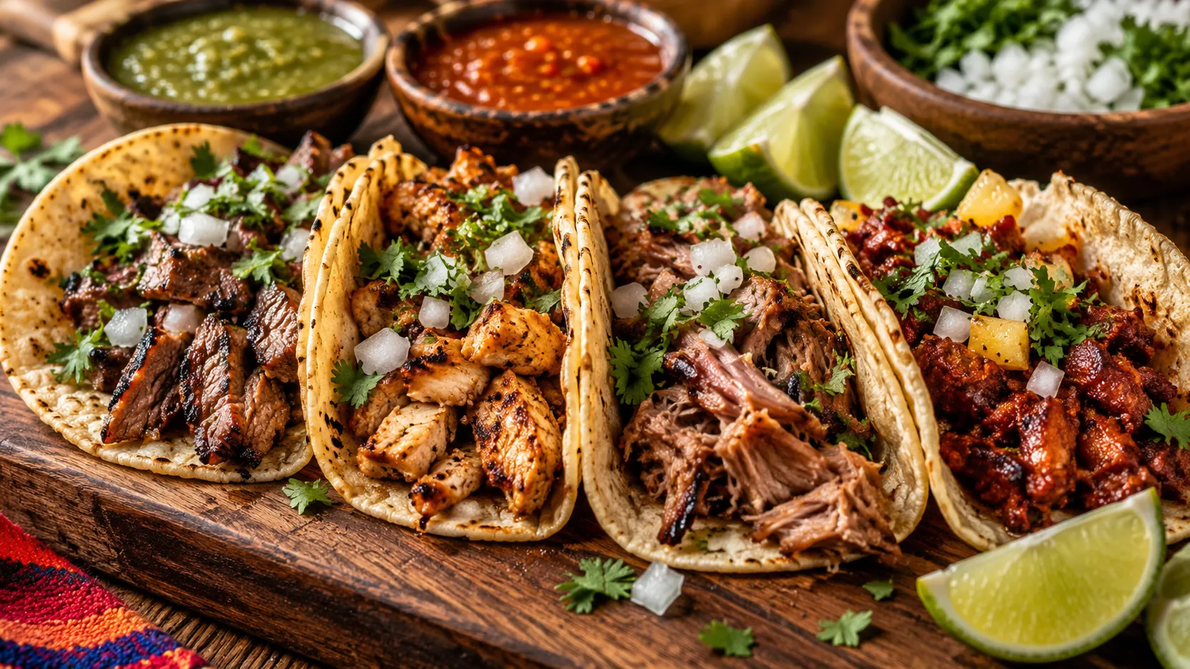 Mexican Tacos in Galt CA featuring carne asada, pollo, carnitas, and adobada with fresh toppings.