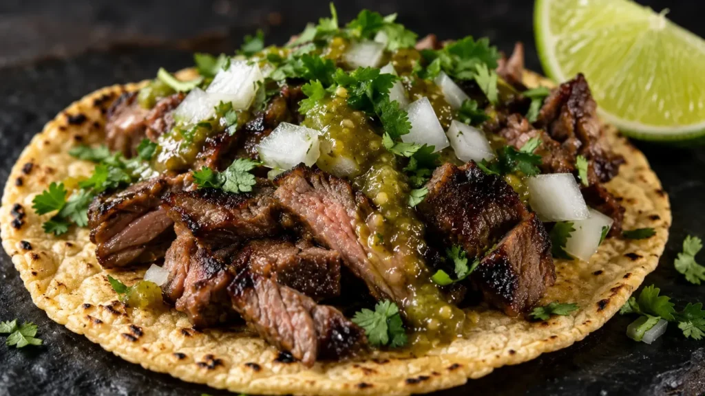 Mexican Tacos in Galt CA with grilled carne asada, fresh cilantro, onions, lime, and salsa verde.