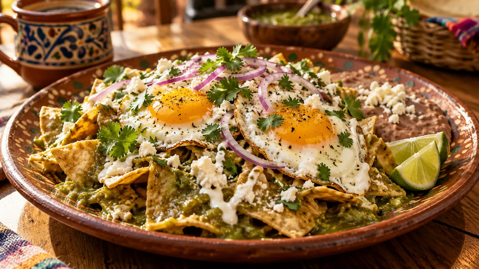 Mexican Breakfast Galt CA featuring traditional chilaquiles with eggs, salsa verde, cheese, and fresh cilantro.