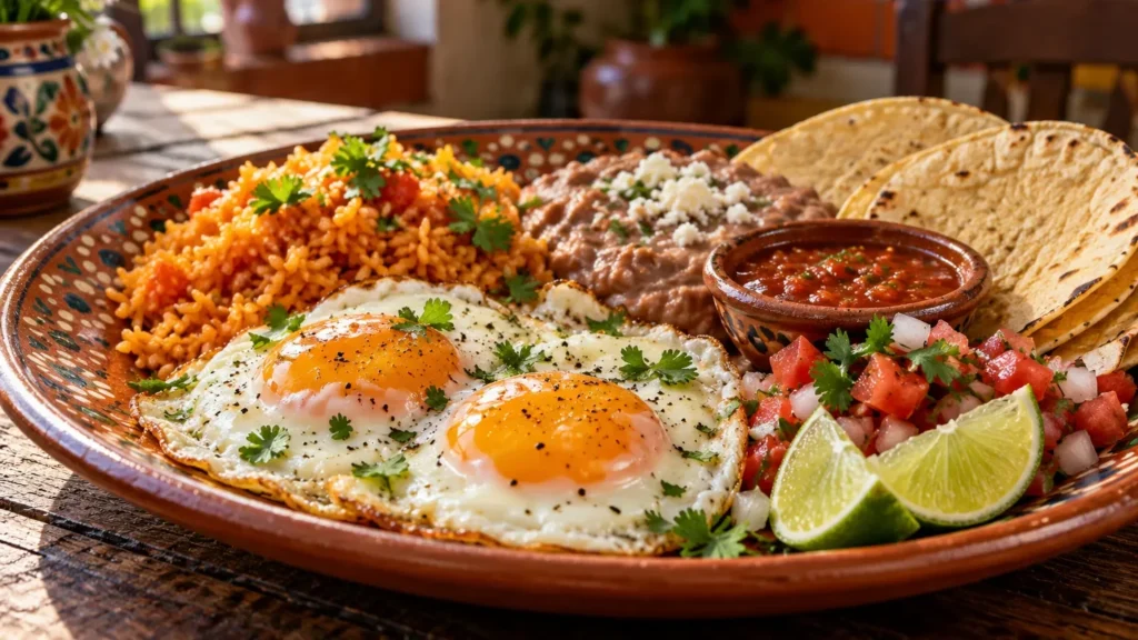 Mexican Breakfast Galt CA with freshly cooked eggs, Mexican rice, refried beans, warm tortillas, and salsa.